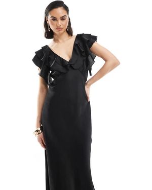 New Look Midi-Jurk Van Satijn Met Ruches Aan De Mouwen - Zwart