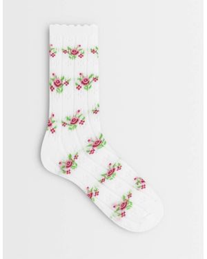 Pieces Calzini Traforati Bianchi Con Stampa Di Rose - Bianco
