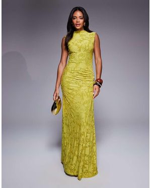 ASOS Sleeveless High Neck Devore Maxi Dress With Ruched Skirt Detail - Metallic