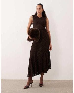 Mango Lace Sleeveless Asymmetric Hem Maxi Dress - Brown