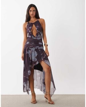 ASOS Mesh Halterjurk Met Hoge Lage Zoom En Bloemenprint - Wit