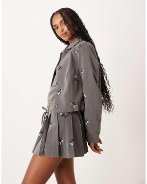 Motel Zedari Floral Embroidered Co-ord Cropped Jacket - Grey