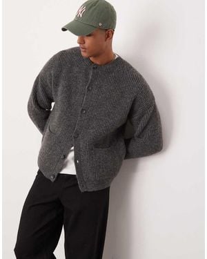 ASOS Relaxed Boxy Fit Heavyweight Knitted Wool Mix Crew Neck Cardigan - Grey
