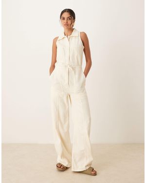 Mango Sleeveless Collar Detail Button Up Jumpsuit With Tie Wasit - Natural