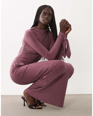 ASOS Vestito Maxi Accollato Con Maniche Con Polsini Annodati Color Berry - Viola