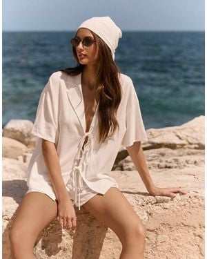 4th & Reckless Camicia Da Mare Oversize Bianca Effetto Lino Allacciata Sul Davanti - Blu