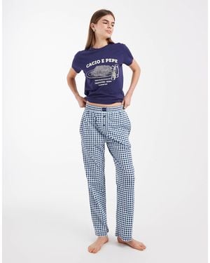 Brave Soul Cotton 'cacio E Pepe' Graphic Print T-shirt And Check Pants Pyjama Set - Blue
