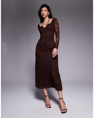 ASOS Lace Long Sleeve Tie Front Midi Dress - Brown