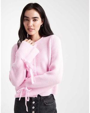 Pieces Cárdigan Rosa Claro Con Botones De Perlas Y Lazadas En Los Puños De Punto De