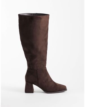 SEQWL Wide Fit Fisher Faux Suede Block Heel Knee Boots - Brown