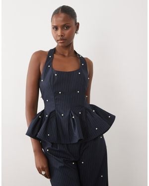 ASOS Peplum Corset Top With Faux Pearls - Blue