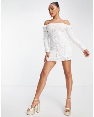 AsYou Long Sleeve Bardot Lace Up Broderie Mini Dress - White