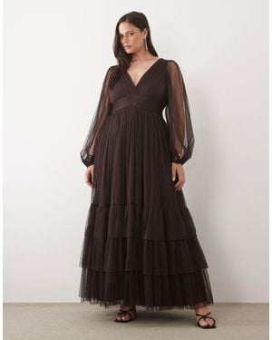 Lace & Beads Plus Bridesmaid Tulle Sheer Sleeve Plunge Neck Tiered Maxi Dress - Brown