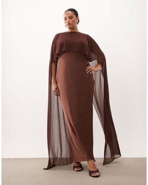 Tfnc Plus Satin Slash Neck Cape Detail Maxi Dress - Brown