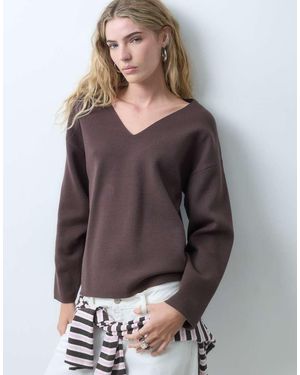 Object Co-Ord Set Met Structuur En V-Hals Trui - Bruin