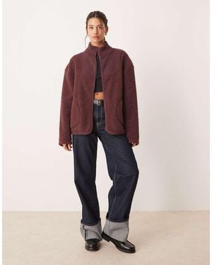 ASOS Zip Through Funnel Neck Borg And Knit Mix Fleece - Red