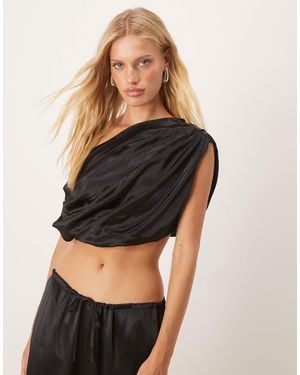 SNDY'S Satin One Shoulder Ruched Drape Top Co-ord - Black