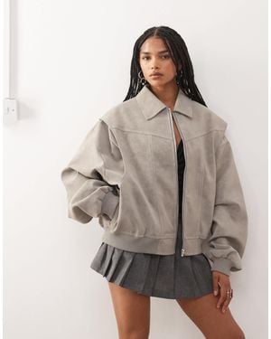 Lioness Exclusive Vista Leather Look Contrast Stitch Bomber Jacket - Gray