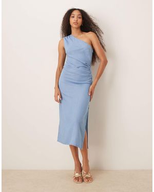 Mango Draped One Shoulder Denim Look Midaxi Dress With Side Split - Blue