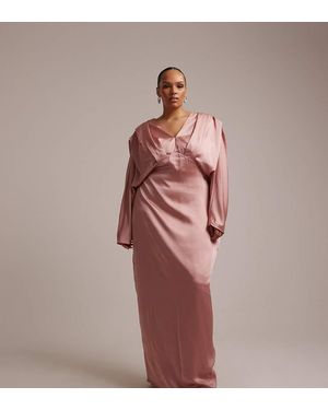 Tfnc Plus Bridesmaid Satin V Neck Pleat Detail Fitted Maxi Dress - Pink