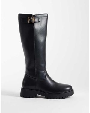 London Rebel Trista Chunky Knee Boots With Buckle Details - Black