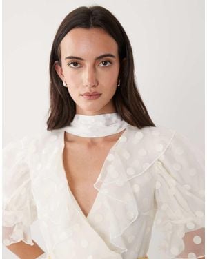 Sister Jane Dream Cotton Blend Polka Dot Organza Puff Sleeve Wrap Top - White