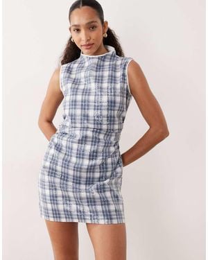 Ghospell Maya Sequin Tartan Print High Neck Sleeveless Mini Dress - Blue