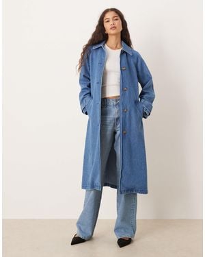 Nobody's Child Longline Denim Collar Trench Coat - Blue