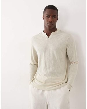 ASOS Ruimvallend T-Shirt Met Linnenlook En Lange Mouwen Met Inkeping Aan De Hals - Naturel