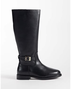 Tommy Hilfiger Rossie Premium Leather Knee High Boots With Buckles - Black
