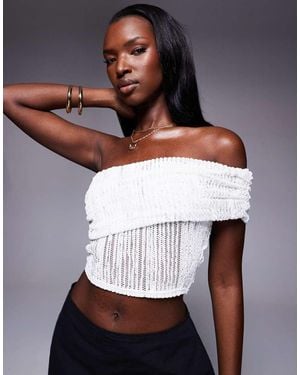 Public Desire Textured Foldover One Shoulder Crop Top Co Ord Cream - White