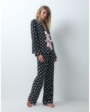 Loungeable Pigiama Composto Da Camicia Con Rever E Chiusura A Nodo Sul Davanti E Pantaloni A Pois - Blu