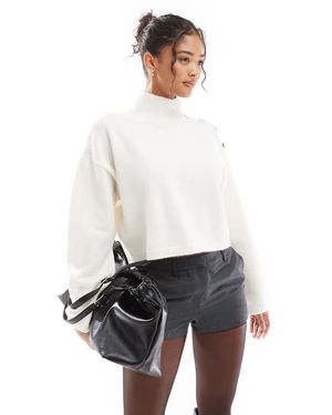 Bershka Gold Button Detail High Neck Jumper - White