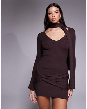 Tiger Mist Renner Ribbed Knit Scarf Detail Plunge Long Sleeve Mini Dress - Purple