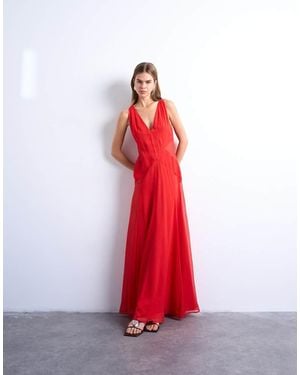 TOPSHOP Plunge Full Hem Occasion Dress With Sheer Panels - Red