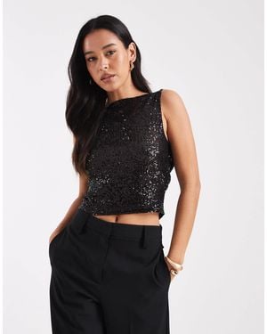 Collusion Cowl Back Slash Neck Sequin Top - Black