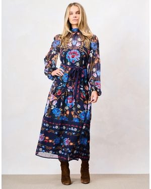 Hope & Ivy The Twila High Neck Blouson Sleeve Midi Dress With Belt - Blue