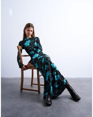 TOPSHOP Floral Print Slash Neck Long Sleeve Maxi Dress - Blue