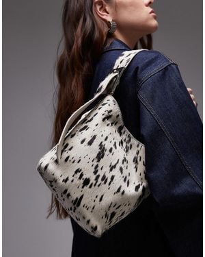 TOPSHOP Sinitta Hair On Real Leather Shoulder Bag - Gray