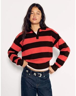 Bershka Button-Up Boxy Polo Collar Jumper - Red
