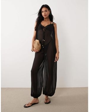 Miss Selfridge Beach Chiffon Balloon Hem Jumpsuit - Black