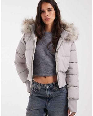 Hollister Cropped Nylon Puffer Jacket With Faux Fur Hood - Grey