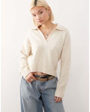 Monki Knitted Polo Jumper - Natural