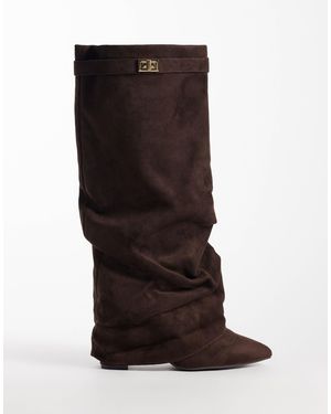 SEQWL Ranger Faux Suede Fold Over Knee Boots - Brown