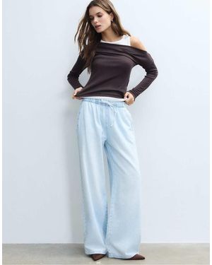 Stradivarius Flowy Denim Trousers With Drawstring - Blue