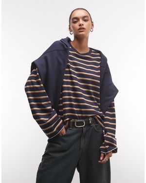 Monki T-shirt oversize à manches longues à rayures marine et marron - Bleu