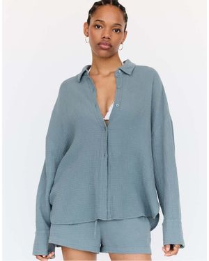 Pull&Bear Long Sleeve Chiffon Shirt - Blue