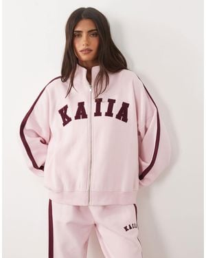 Kaiia Cotton Rich Embroidered Logo Detail Oversized Zip Through High Neck Sweatshirt Co-ord - Pink