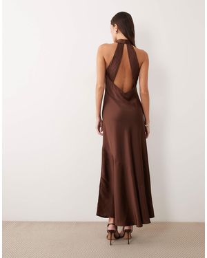 Vila Halter Neck Backless Satin Maxi Dress - Brown