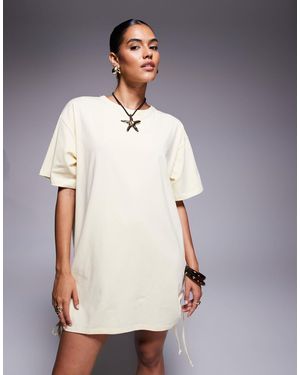 Fashionkilla Robe t-shirt courte en coton à fronces nouées sur les côtés - jaune - Blanc